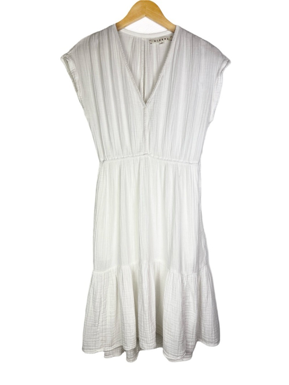 Xirena White Cap Sleeve V-Neck Gauze Cotton Knee Length Dress Pockets size XS - Picture 2 of 6